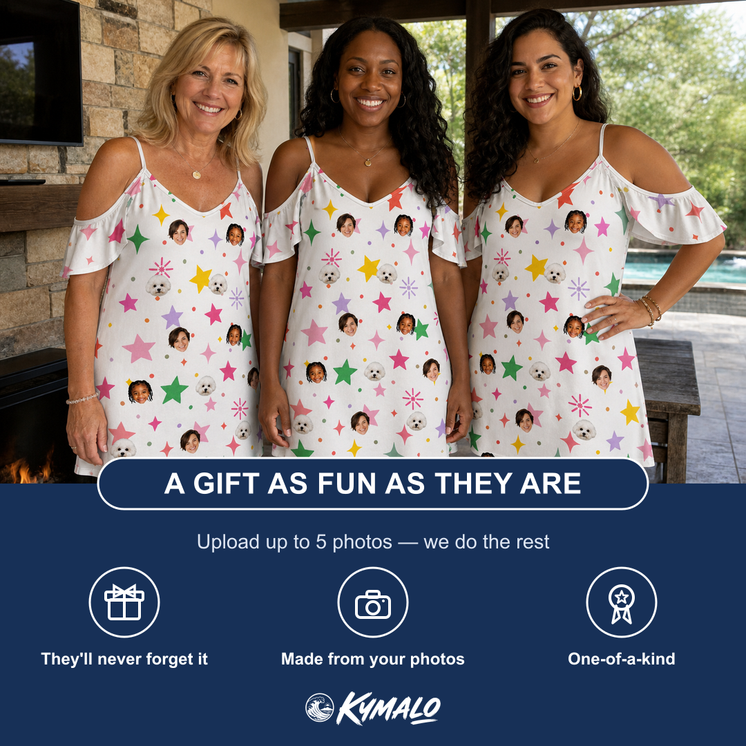 Friends in matching Women's Confetti Comets Custom Face Off-Shoulder Dress — a group gift photo
