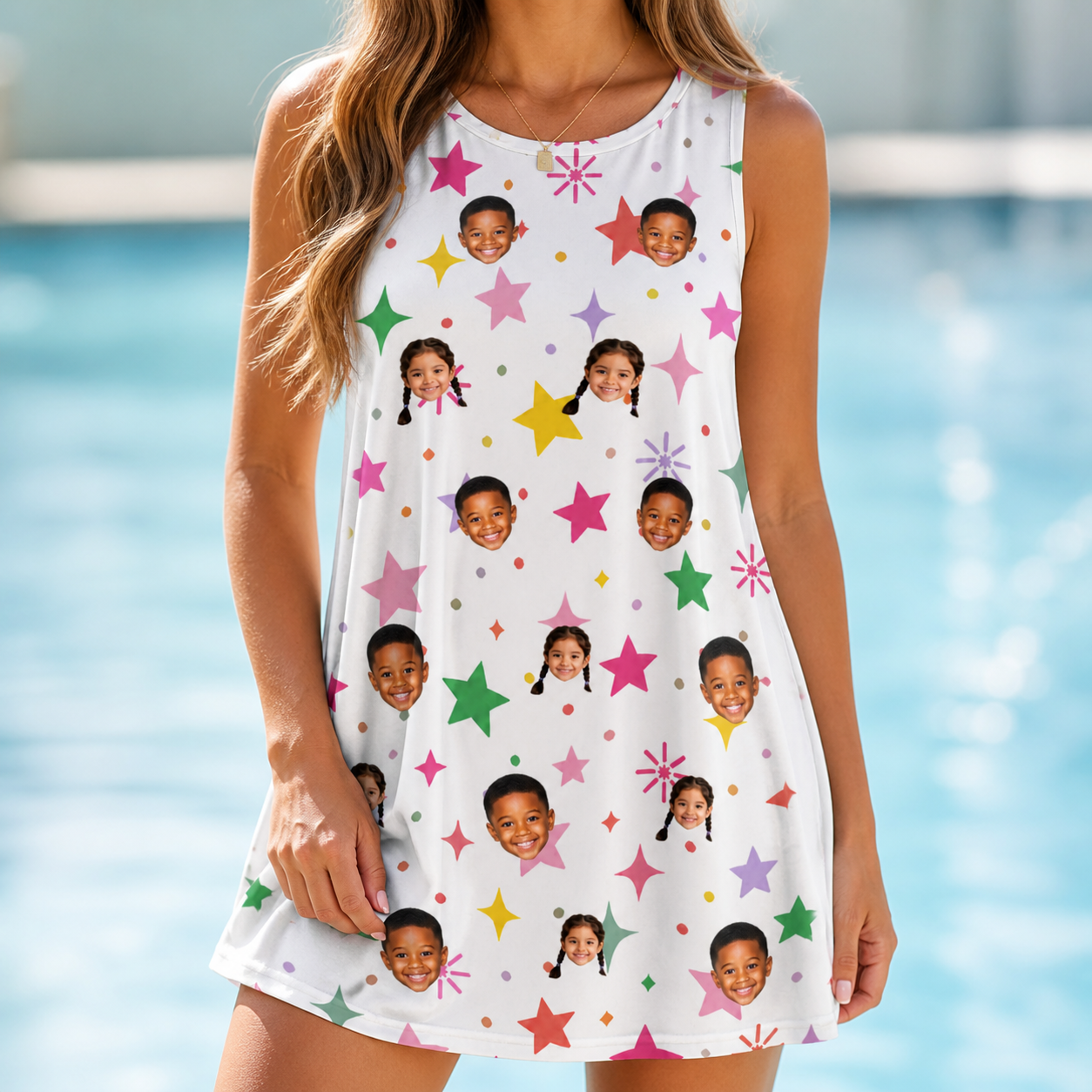 Model wearing Women's Confetti Comets Custom Face Tank Dress printed with kids' faces