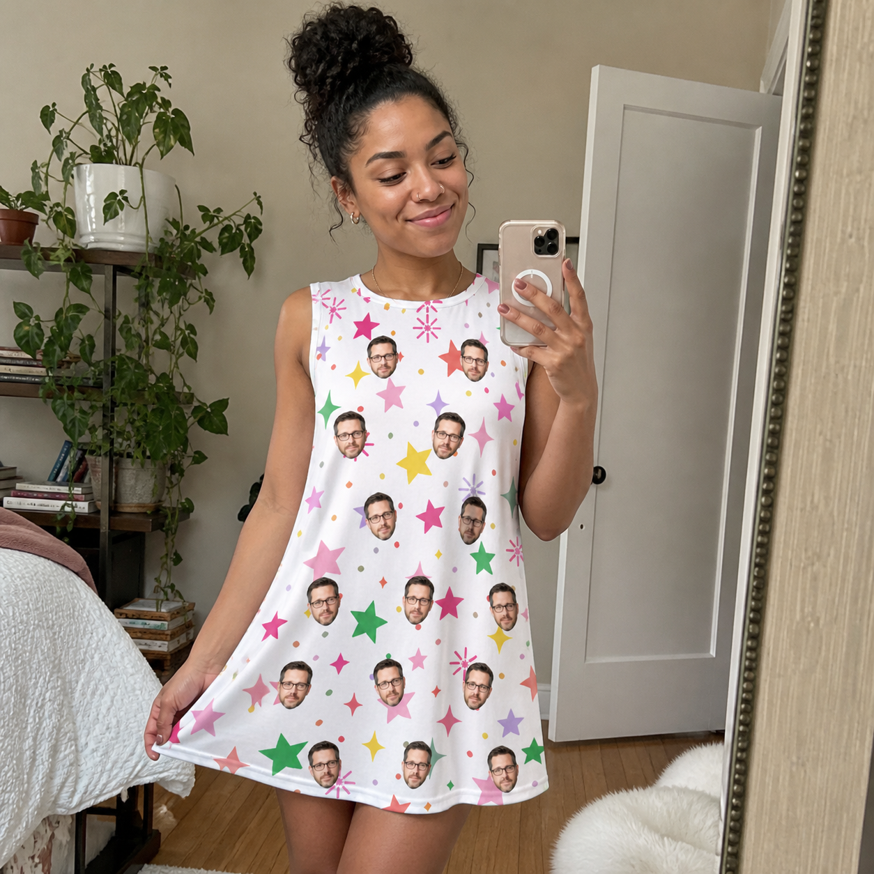 Real-life photo of someone wearing Women's Confetti Comets Custom Face Tank Dress — custom faces printed all-over