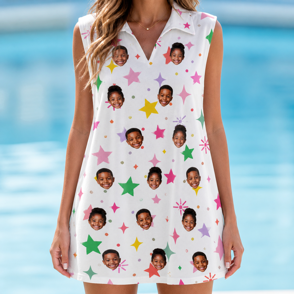 Model wearing Women's Confetti Comets Custom Face V-Neck Dress printed with kids' faces