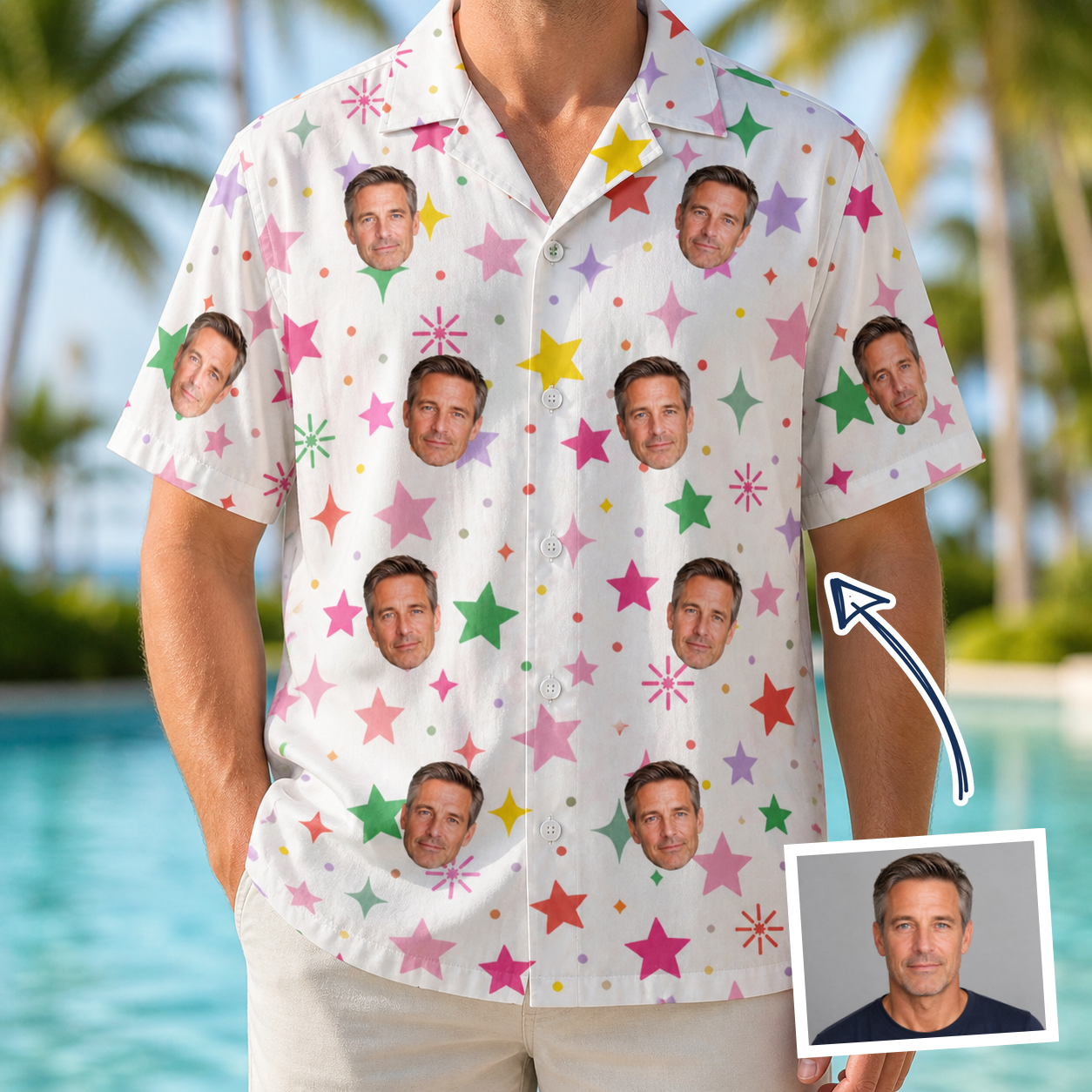 Man wearing Men's Confetti Comets Custom Face Hawaiian Shirt — custom faces printed all-over