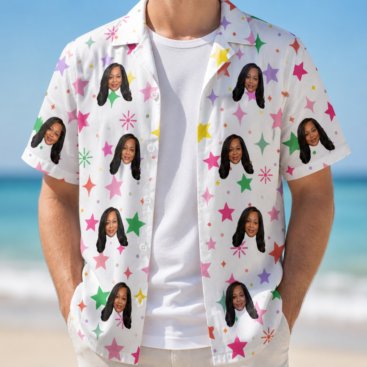 Man wearing Men's Confetti Comets Custom Face Hawaiian Shirt open over a white tee