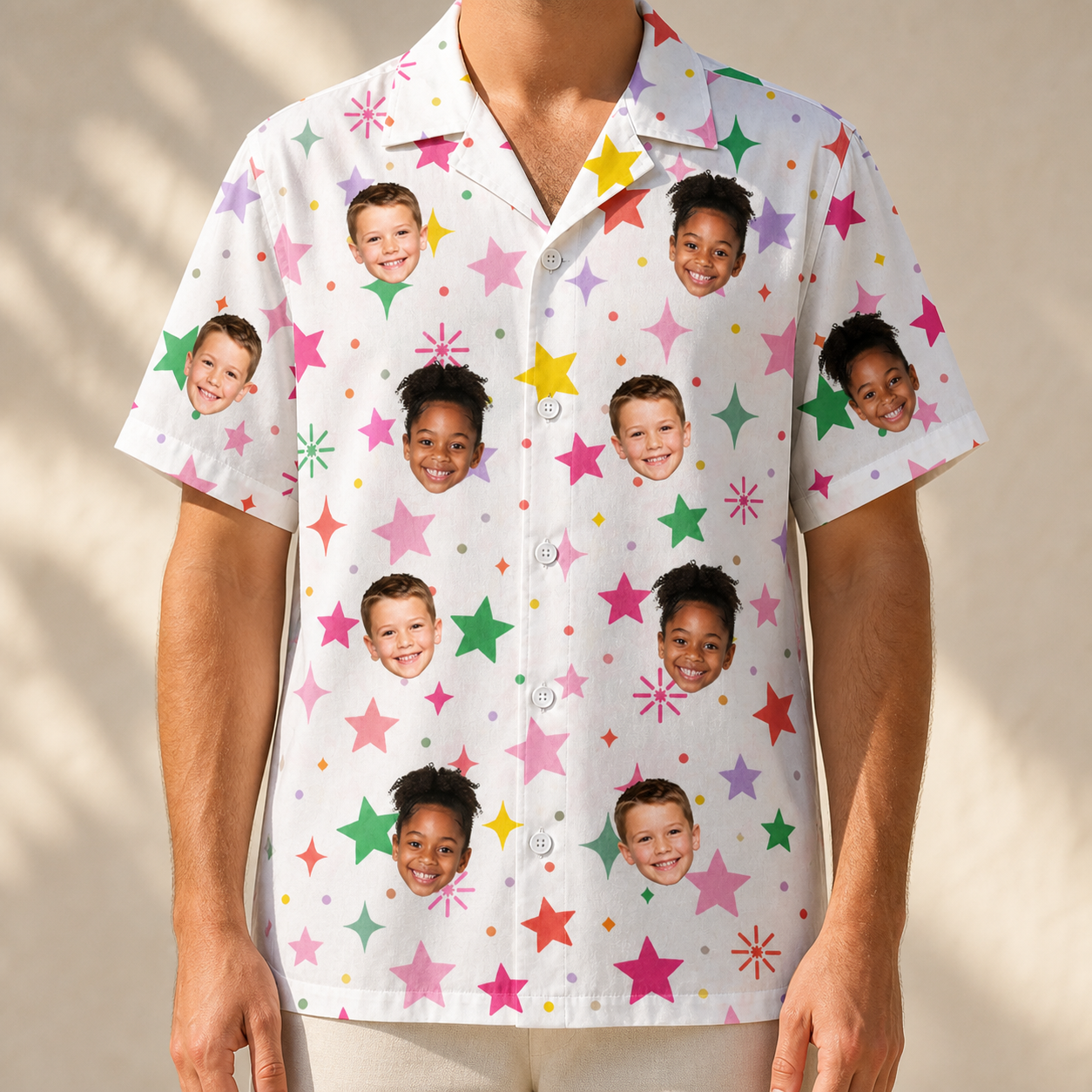 Model wearing Men's Confetti Comets Custom Face Hawaiian Shirt printed with kids' faces