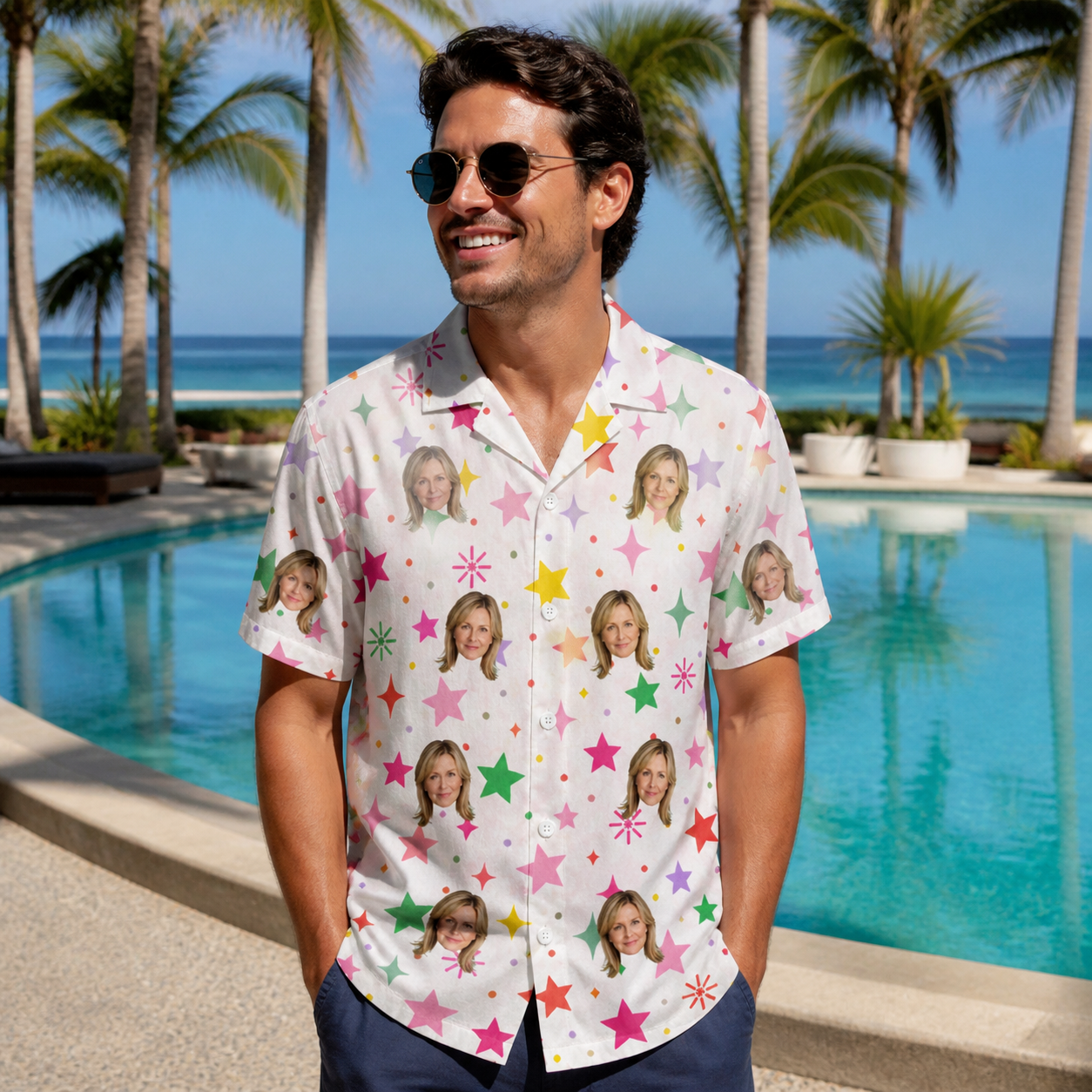 Real-life photo of someone wearing Men's Confetti Comets Custom Face Hawaiian Shirt — custom faces printed all-over