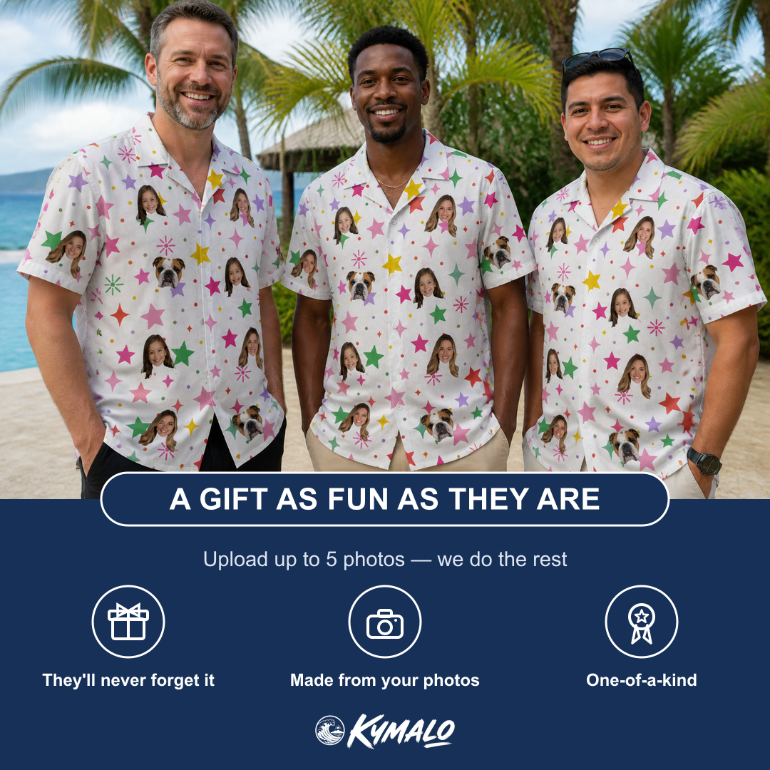 Friends in matching Men's Confetti Comets Custom Face Hawaiian Shirt — a group gift photo