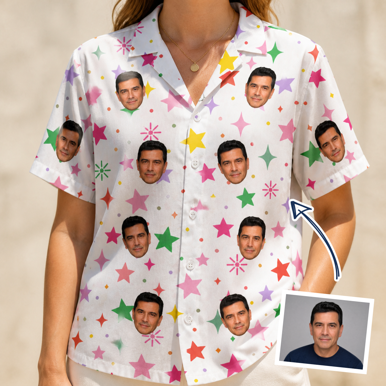 Woman wearing Women's Confetti Comets Custom Face Hawaiian Shirt — custom faces printed all-over