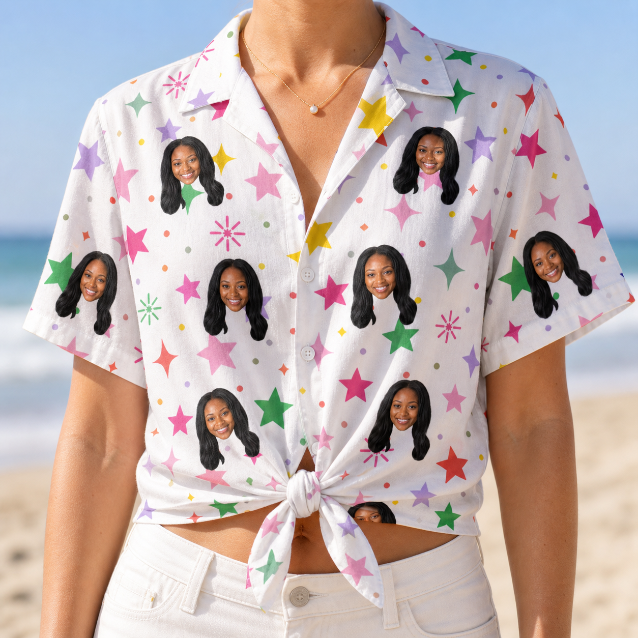 Woman wearing Women's Confetti Comets Custom Face Hawaiian Shirt tied at the waist