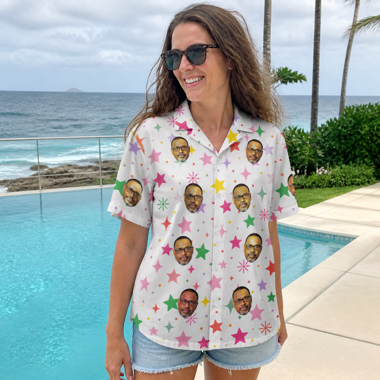Real-life photo of someone wearing Women's Confetti Comets Custom Face Hawaiian Shirt — custom faces printed all-over