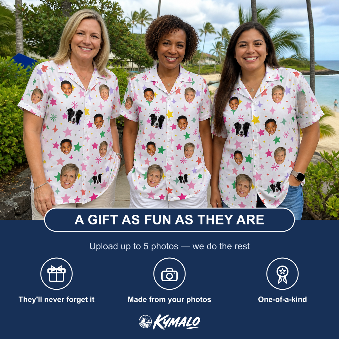 Friends in matching Women's Confetti Comets Custom Face Hawaiian Shirt — a group gift photo