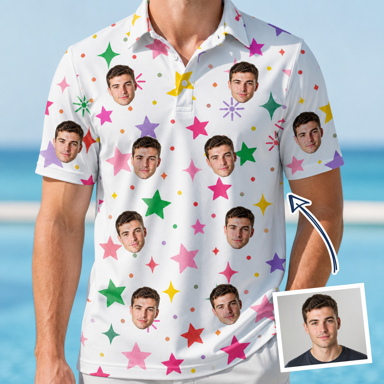Man wearing Men's Confetti Comets Custom Face Polo Shirt — custom faces printed all-over
