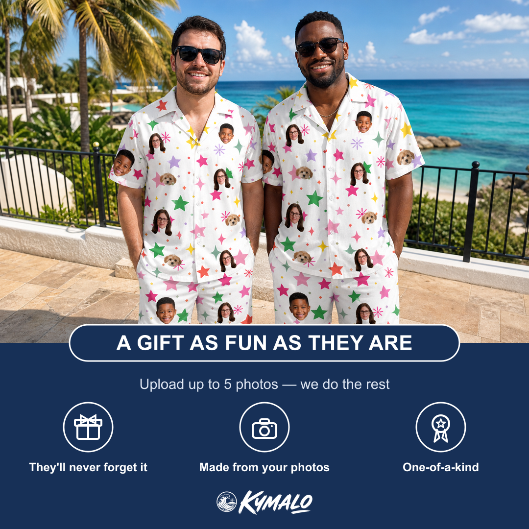 Friends in matching Men's Confetti Comets Custom Face Shirt & Shorts Set — a group gift photo