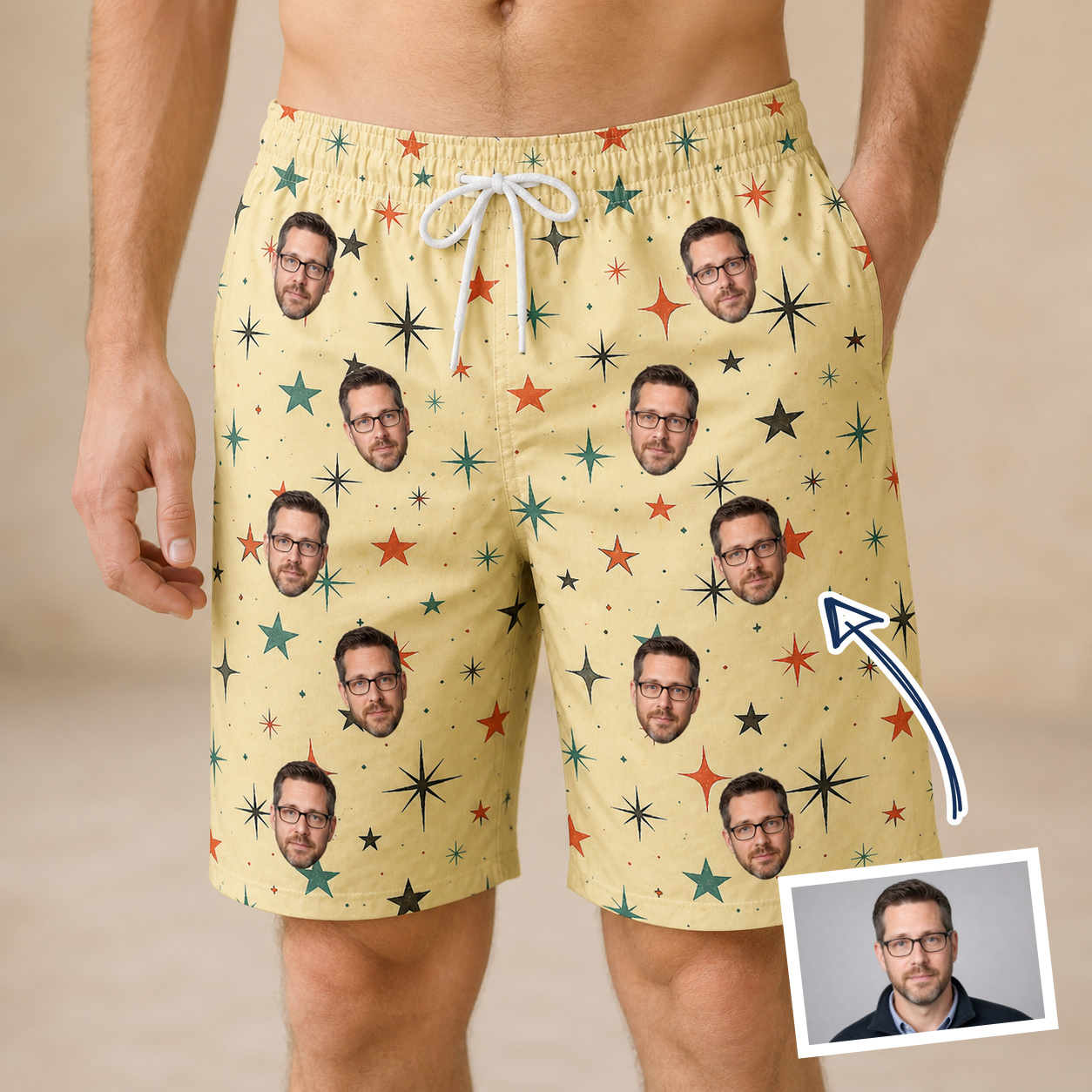 Man wearing Men's Shimmer Shindig Custom Face Beach Shorts — custom faces printed all-over