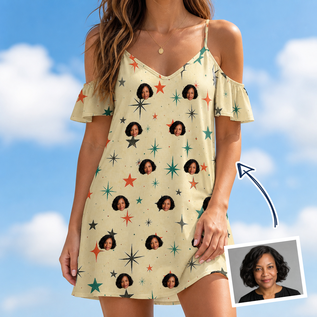 Woman wearing Women's Shimmer Shindig Custom Face Off-Shoulder Dress — custom faces printed all-over