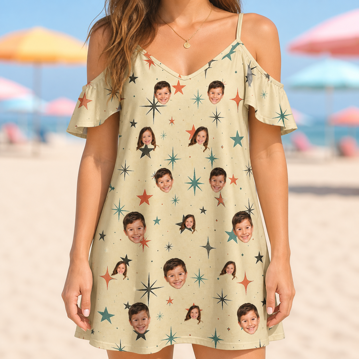 Model wearing Women's Shimmer Shindig Custom Face Off-Shoulder Dress printed with kids' faces
