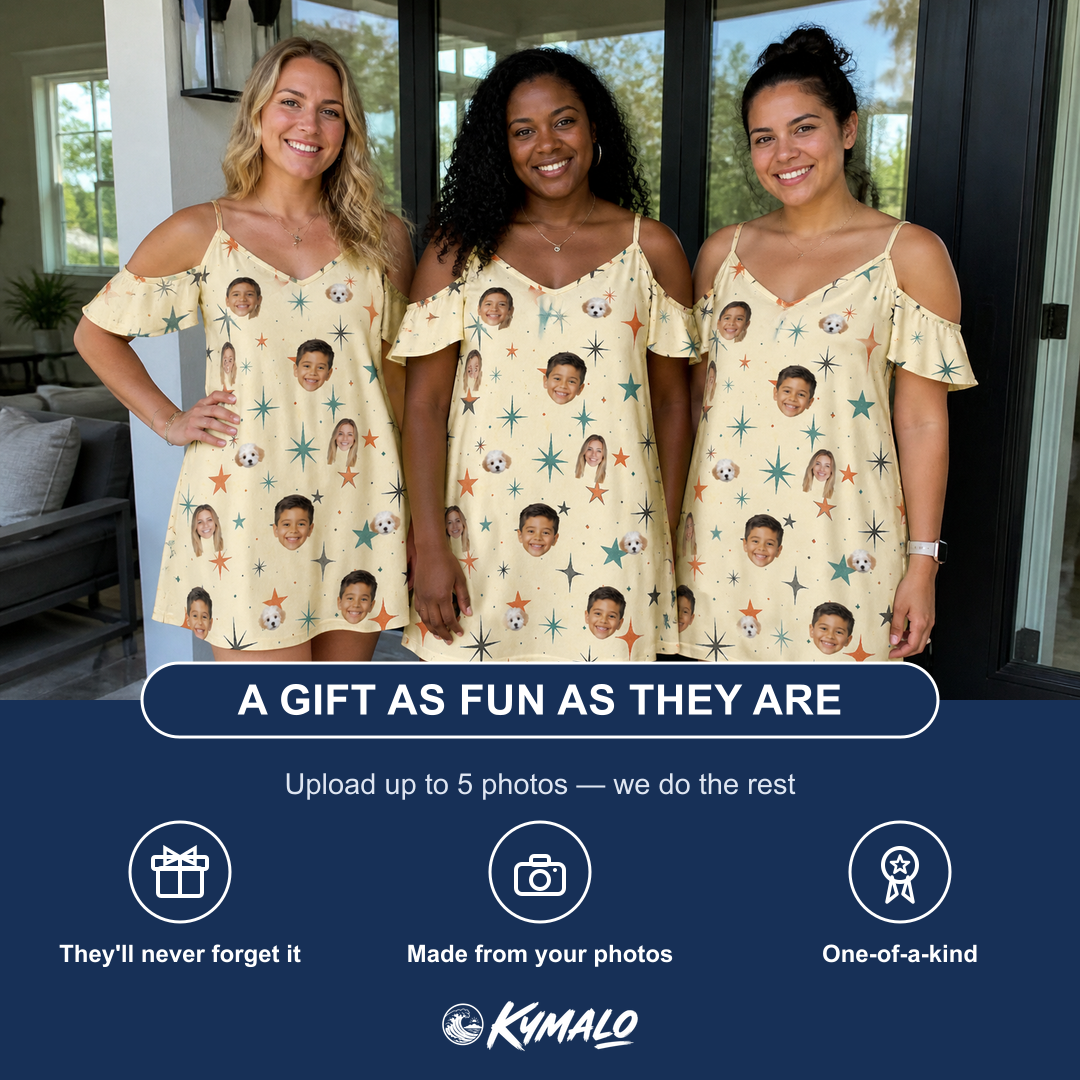 Friends in matching Women's Shimmer Shindig Custom Face Off-Shoulder Dress — a group gift photo