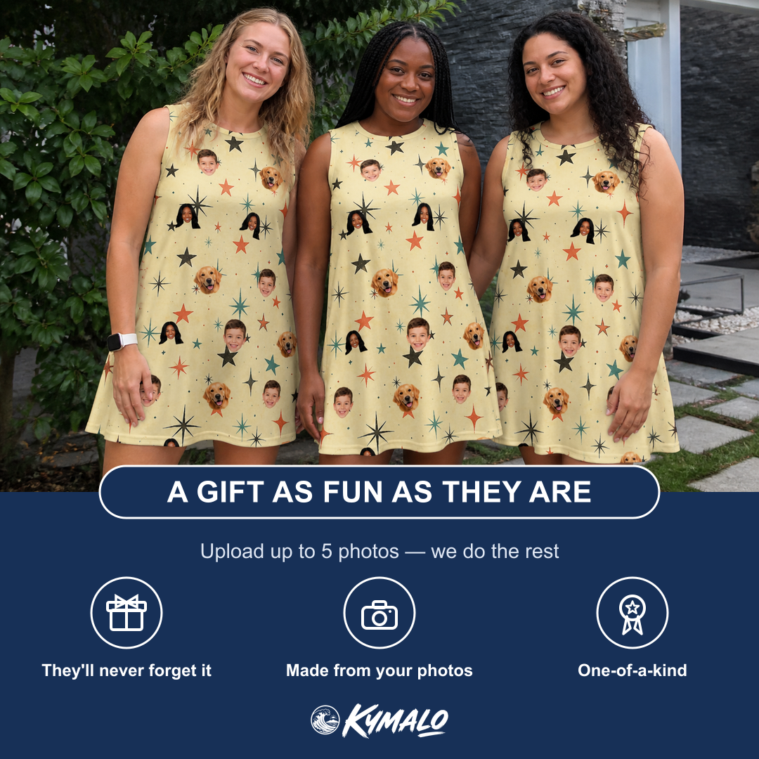 Friends in matching Women's Shimmer Shindig Custom Face Tank Dress — a group gift photo