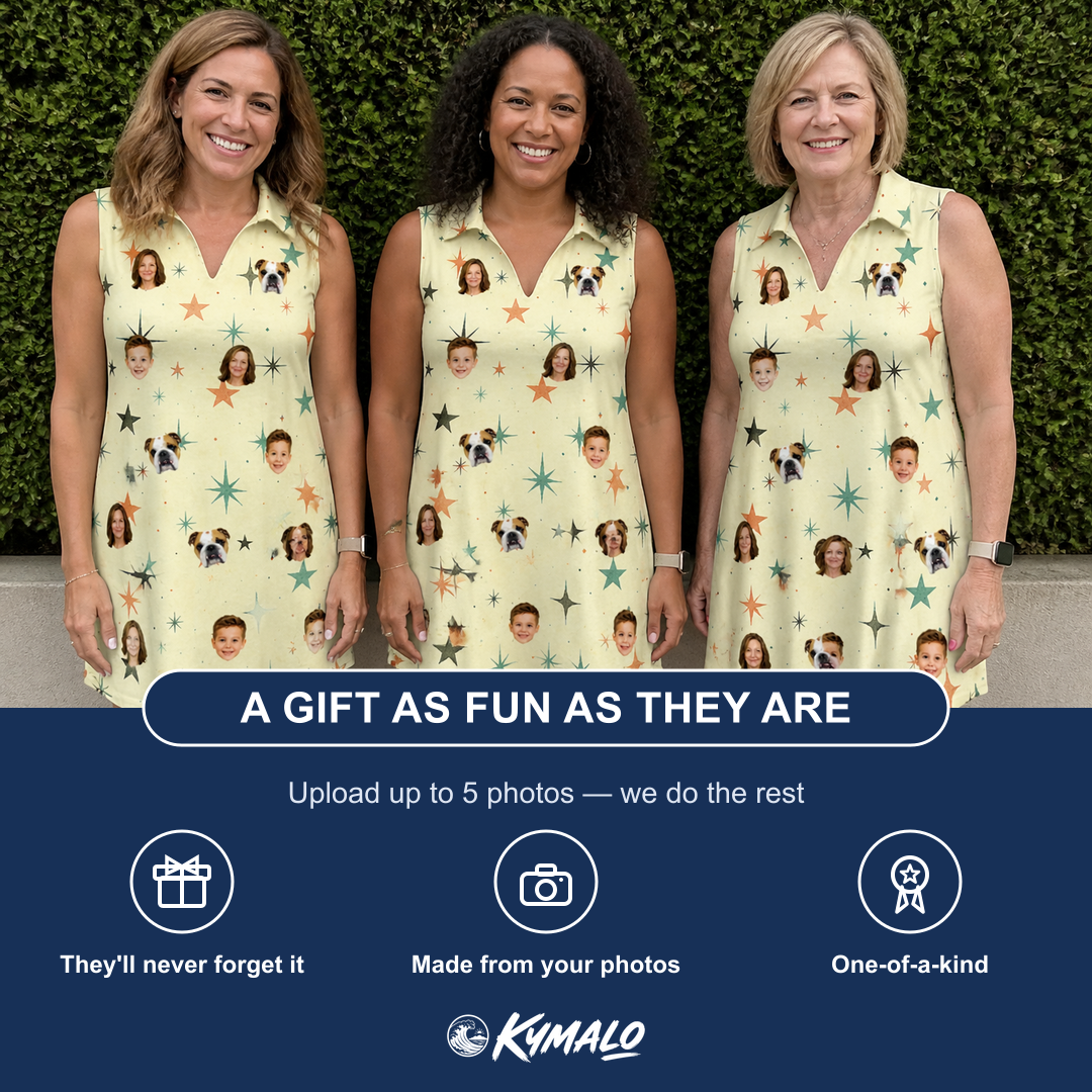 Friends in matching Women's Shimmer Shindig Custom Face V-Neck Dress — a group gift photo