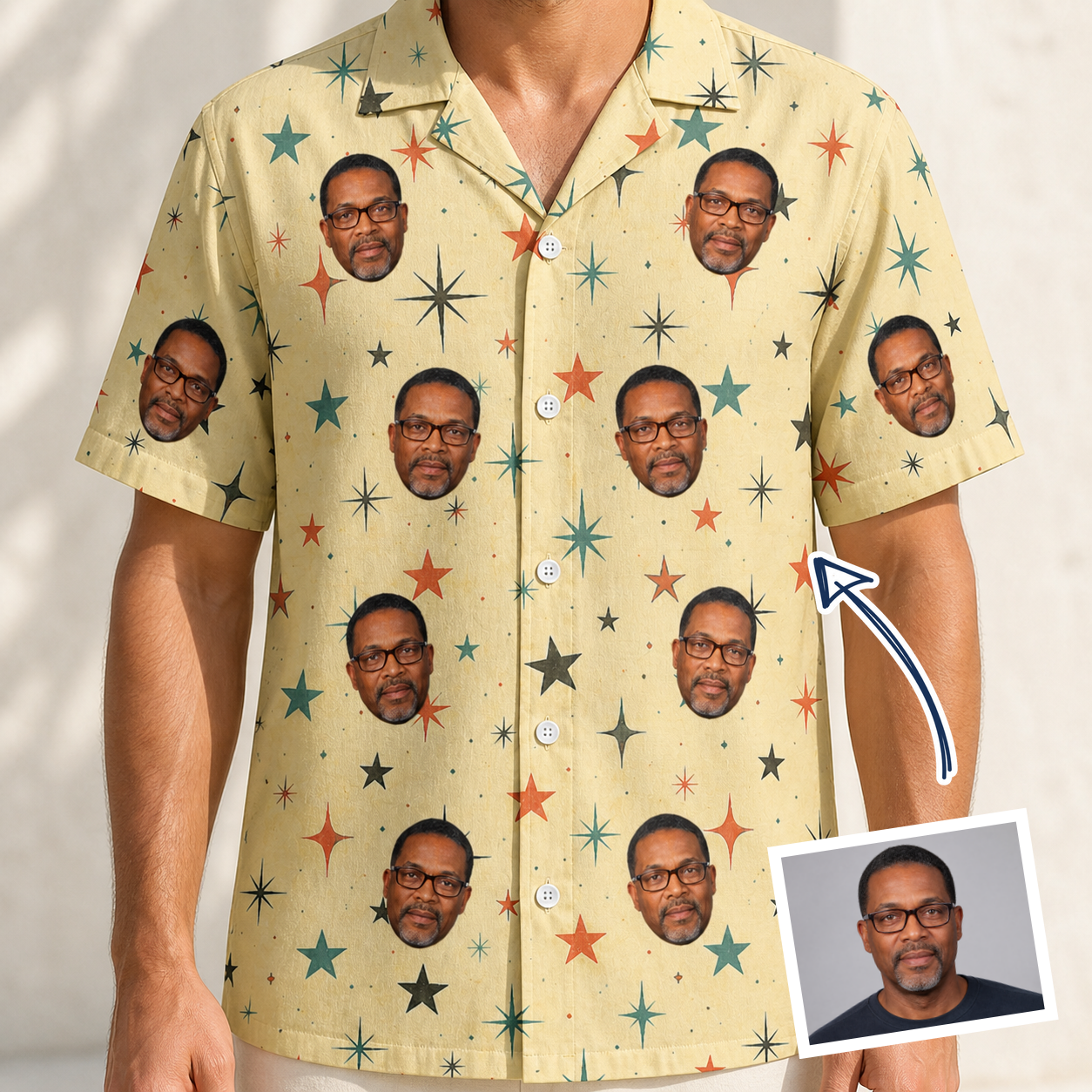 Man wearing Men's Shimmer Shindig Custom Face Hawaiian Shirt — custom faces printed all-over
