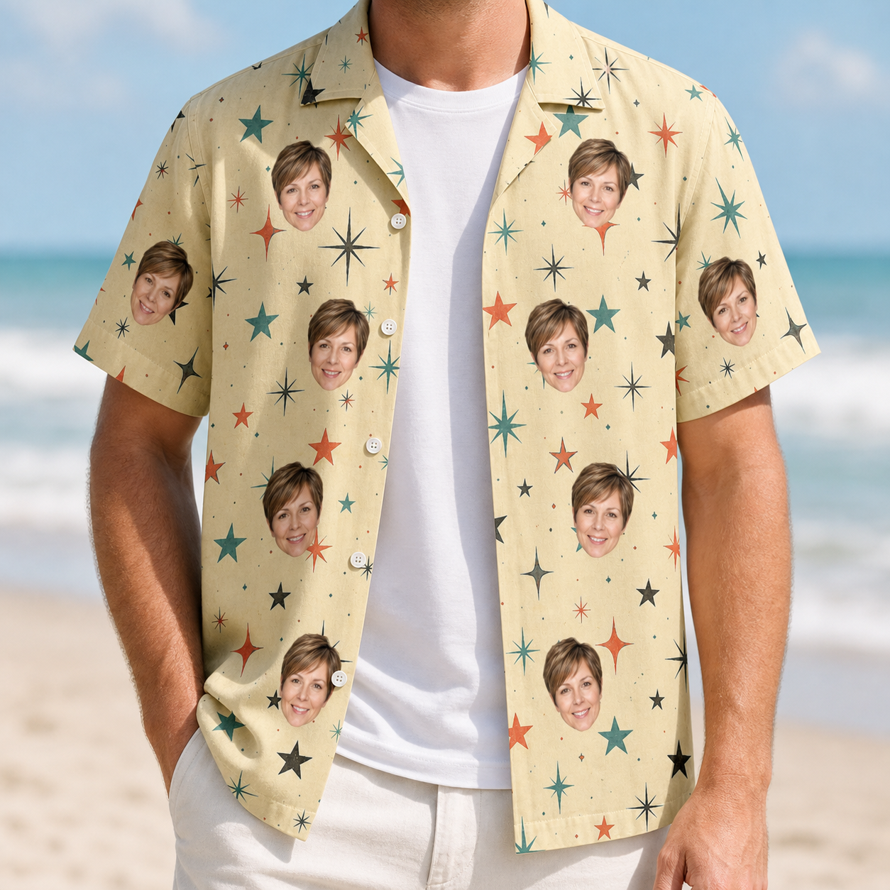 Man wearing Men's Shimmer Shindig Custom Face Hawaiian Shirt open over a white tee