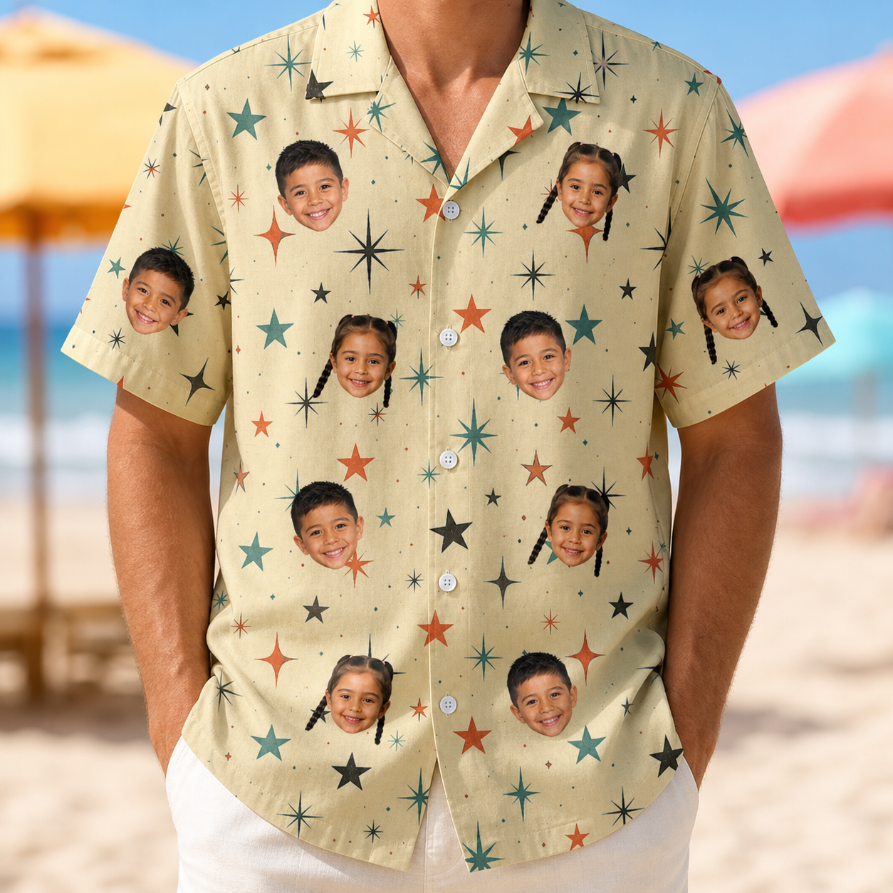 Model wearing Men's Shimmer Shindig Custom Face Hawaiian Shirt printed with kids' faces