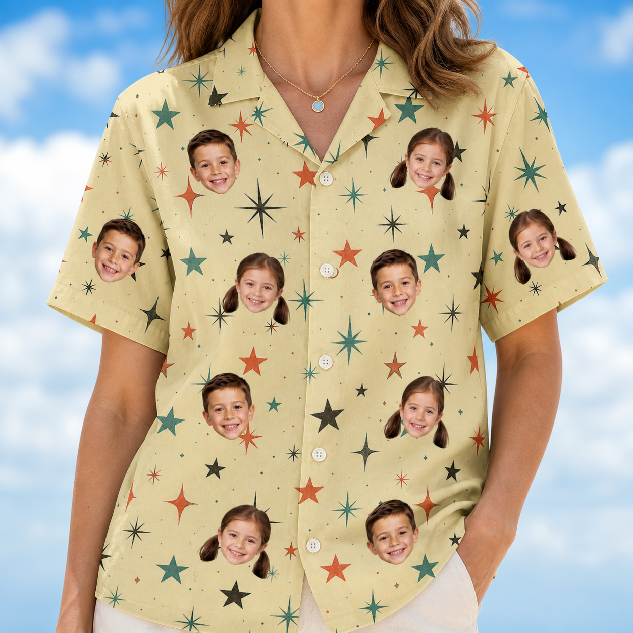 Model wearing Women's Shimmer Shindig Custom Face Hawaiian Shirt printed with kids' faces