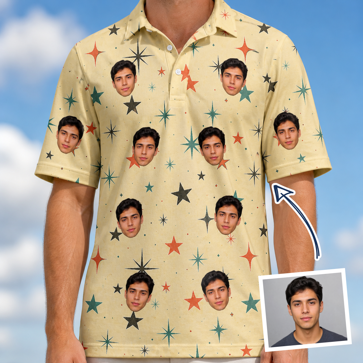 Man wearing Men's Shimmer Shindig Custom Face Polo Shirt — custom faces printed all-over