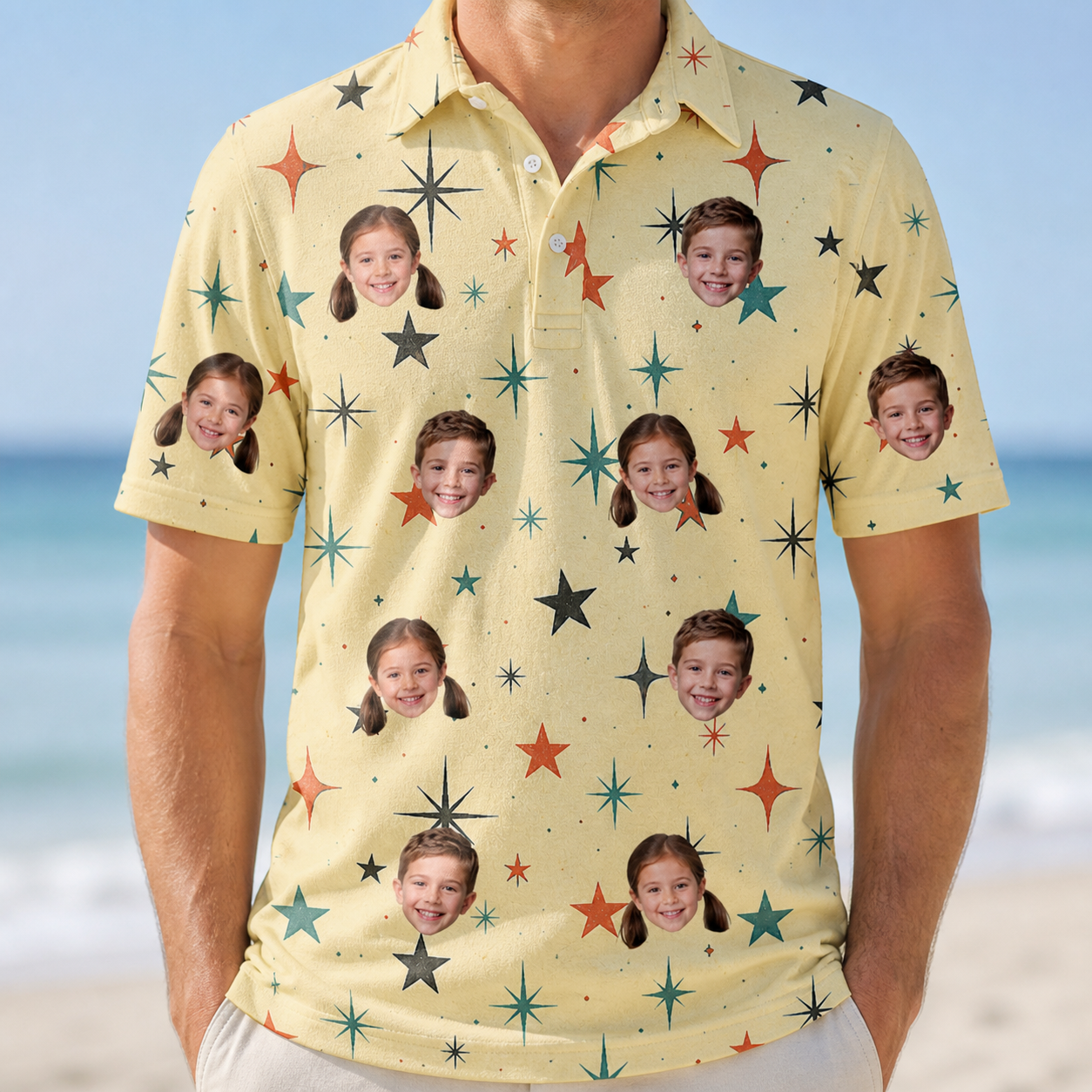 Model wearing Men's Shimmer Shindig Custom Face Polo Shirt printed with kids' faces