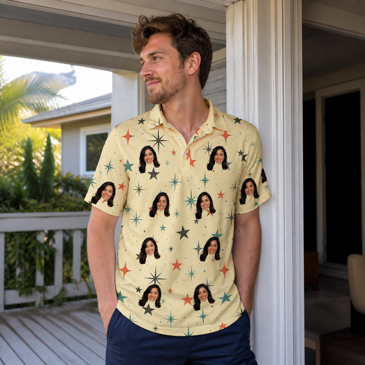 Real-life photo of someone wearing Men's Shimmer Shindig Custom Face Polo Shirt — custom faces printed all-over