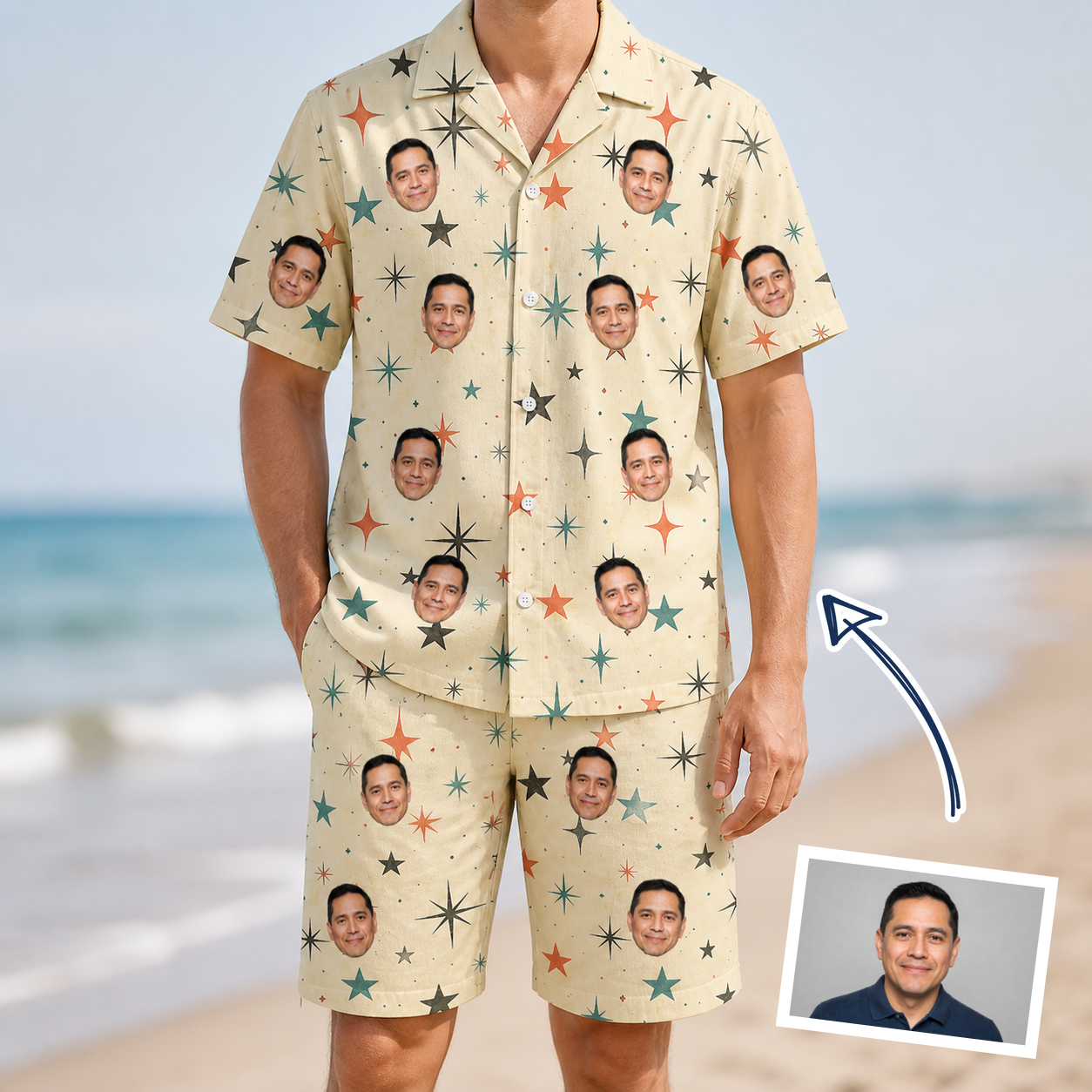 Man wearing Men's Shimmer Shindig Custom Face Shirt & Shorts Set — custom faces printed all-over