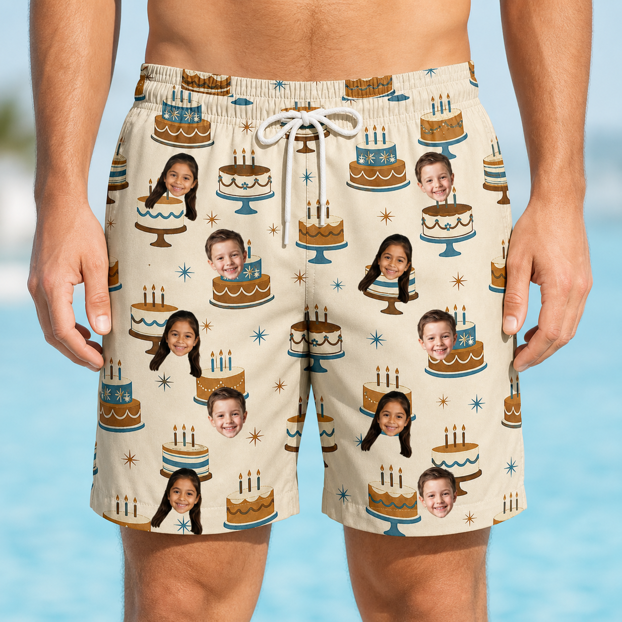 Model wearing Men's Frosting Fanfare Custom Face Beach Shorts printed with kids' faces