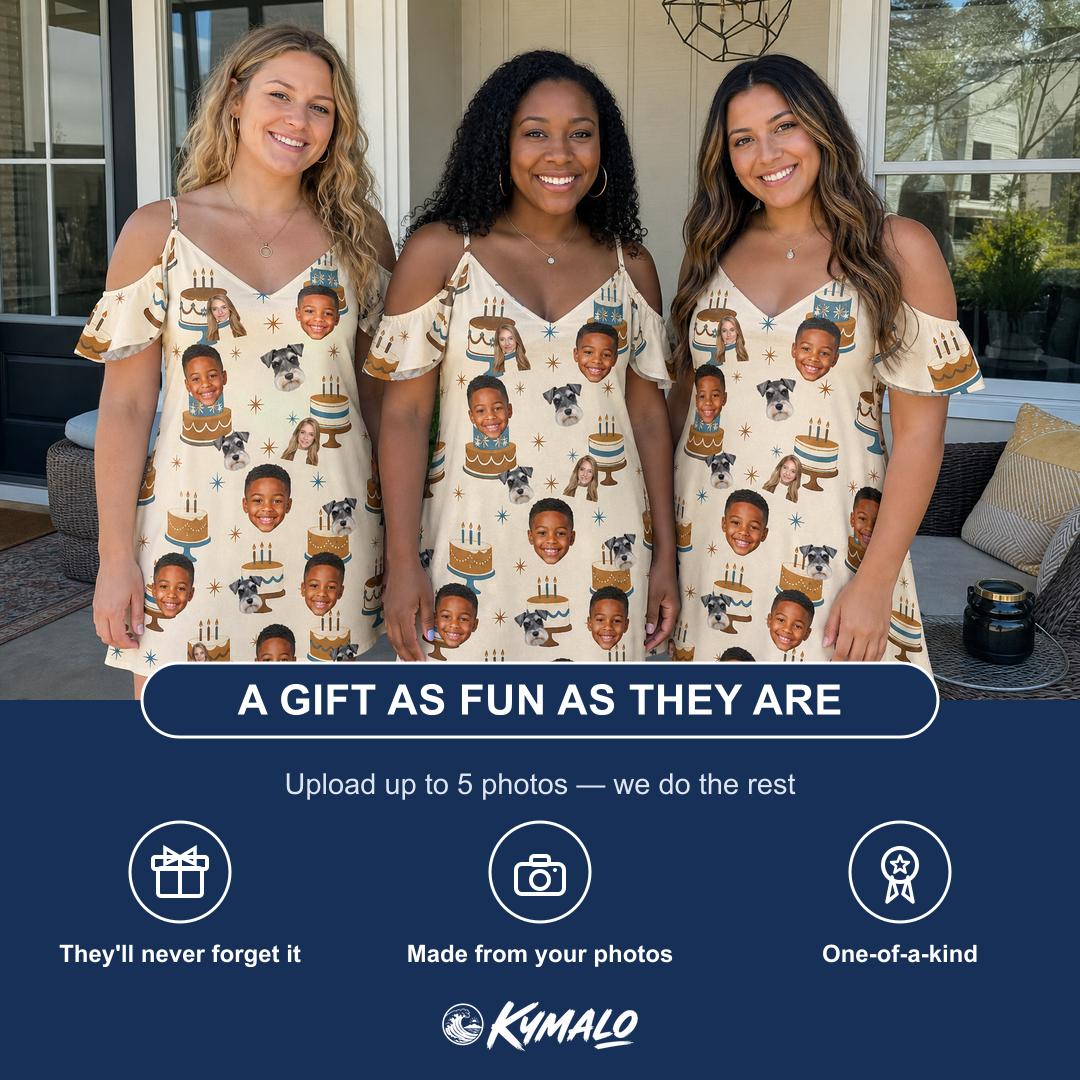 Friends in matching Women's Frosting Fanfare Custom Face Off-Shoulder Dress — a group gift photo