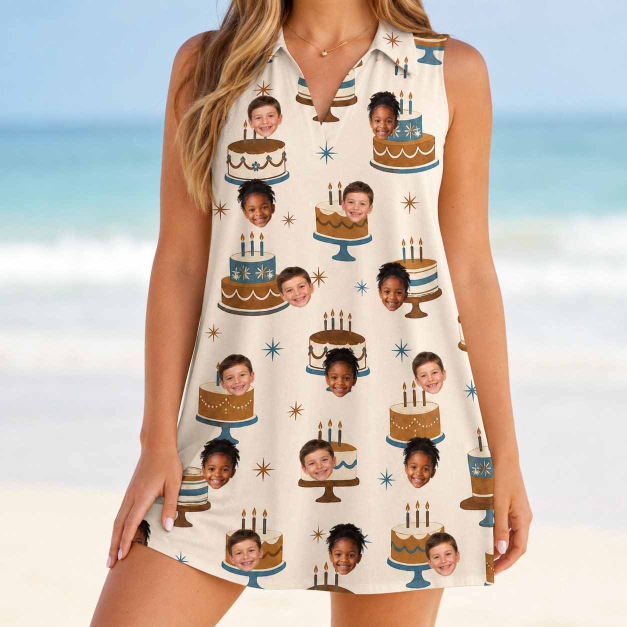 Model wearing Women's Frosting Fanfare Custom Face V-Neck Dress printed with kids' faces