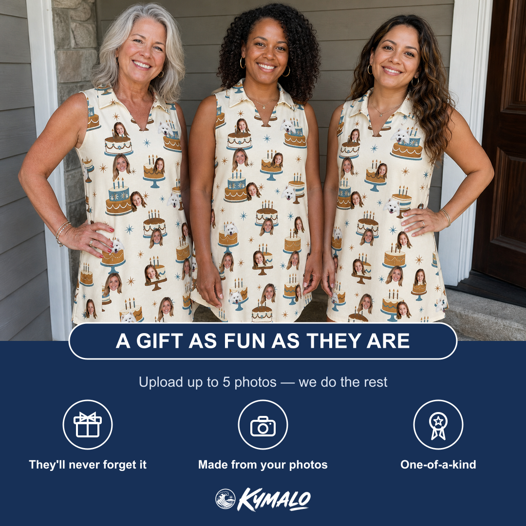 Friends in matching Women's Frosting Fanfare Custom Face V-Neck Dress — a group gift photo