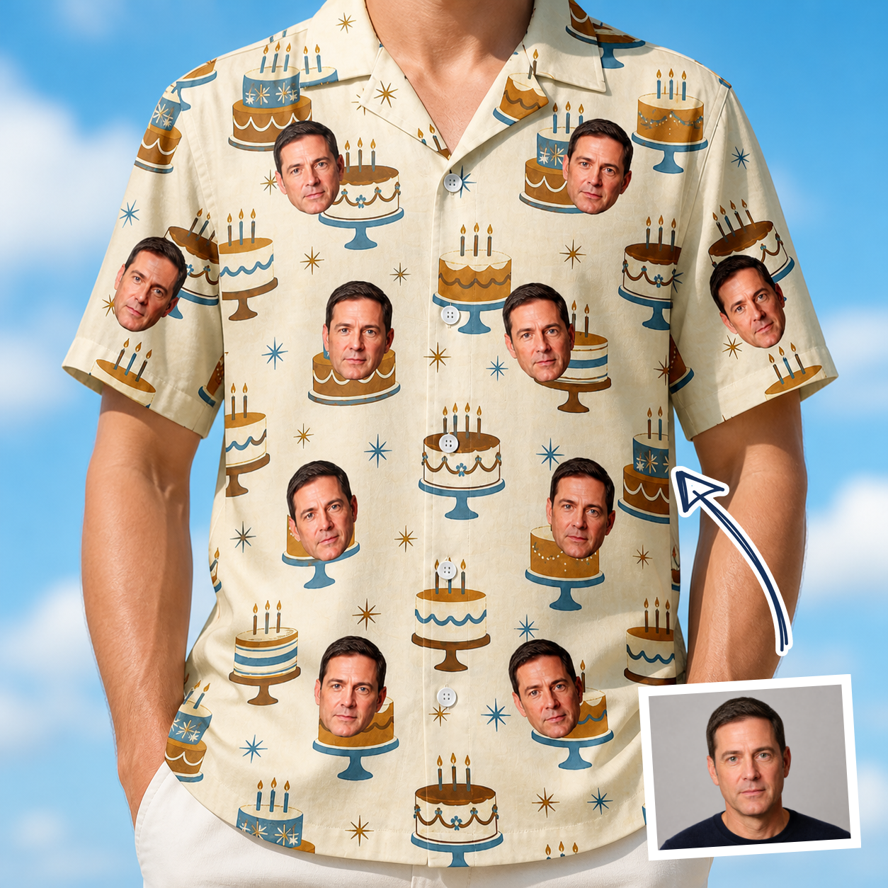 Man wearing Men's Frosting Fanfare Custom Face Hawaiian Shirt — custom faces printed all-over
