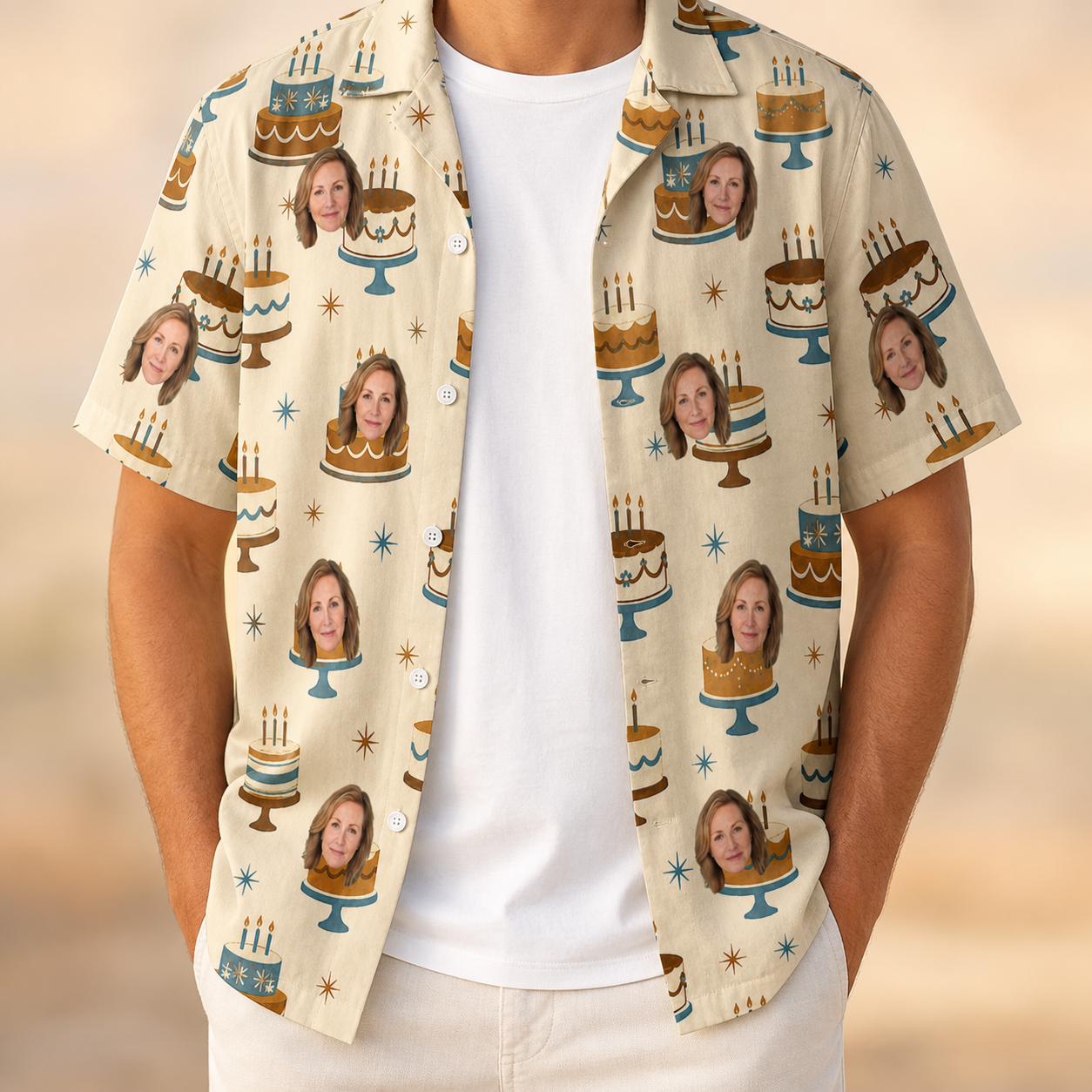 Man wearing Men's Frosting Fanfare Custom Face Hawaiian Shirt open over a white tee