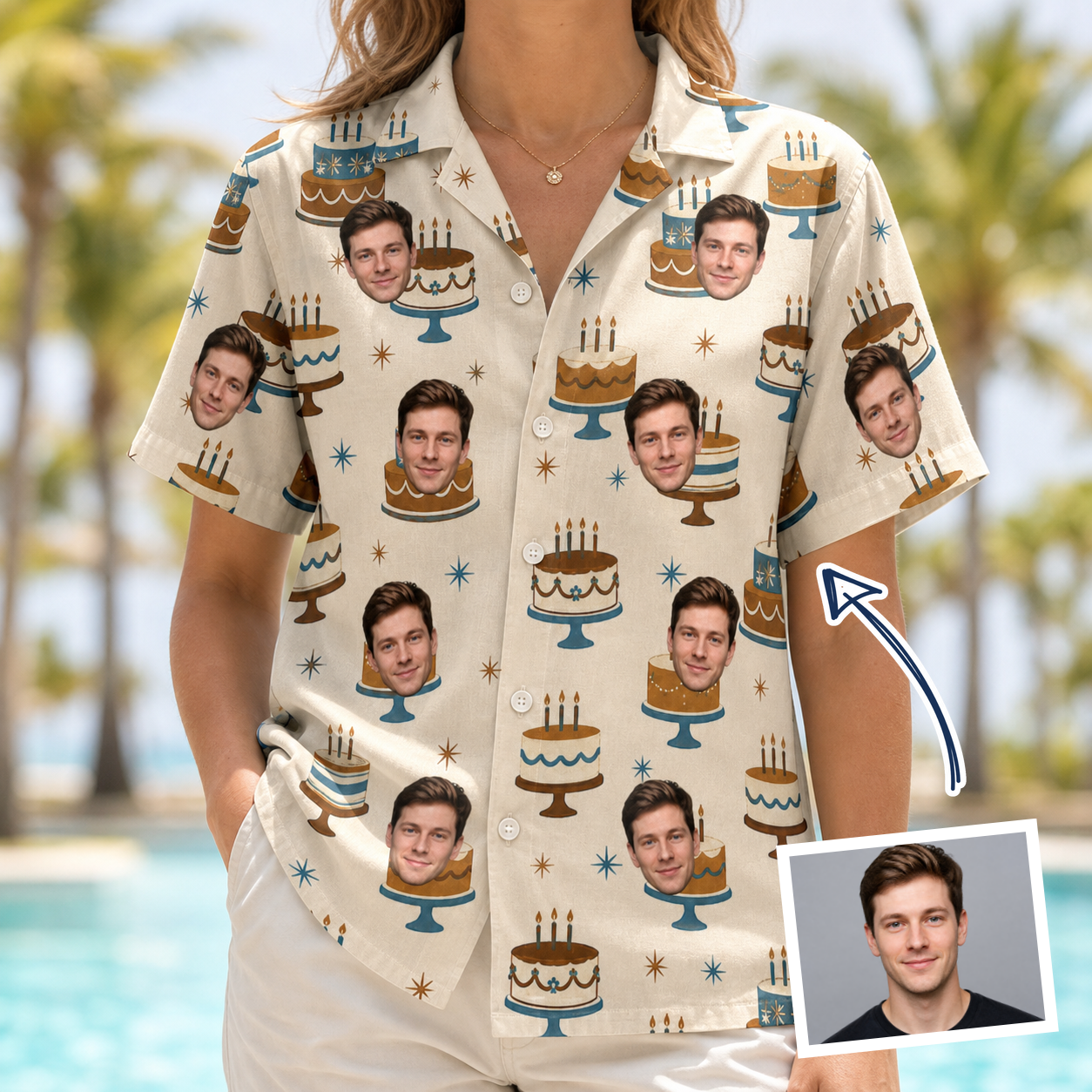 Woman wearing Women's Frosting Fanfare Custom Face Hawaiian Shirt — custom faces printed all-over