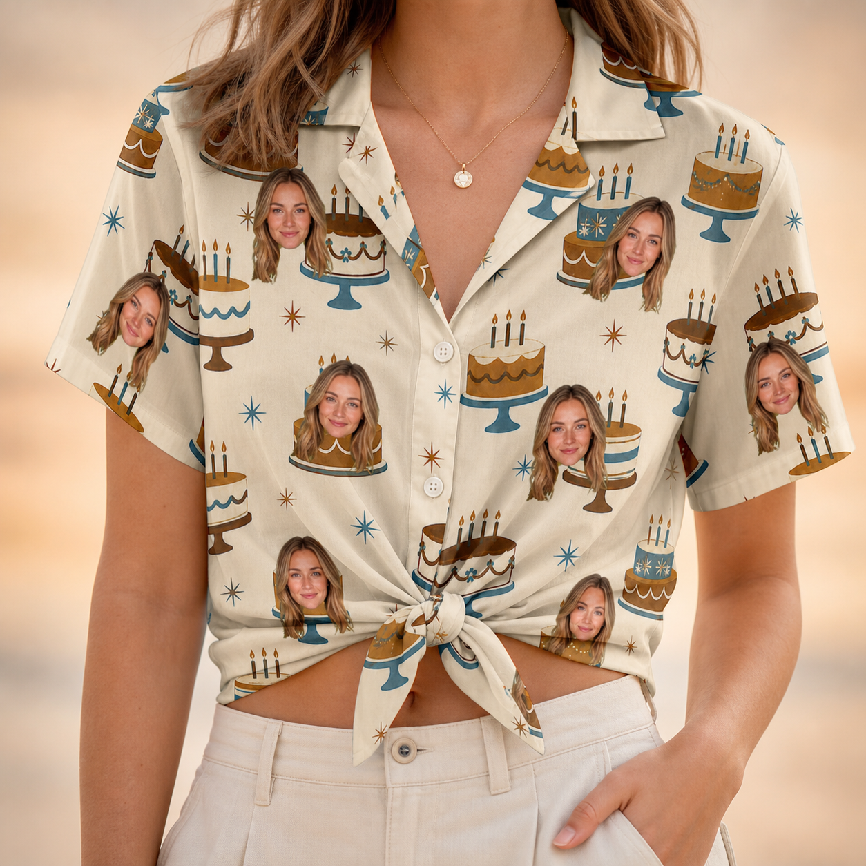 Woman wearing Women's Frosting Fanfare Custom Face Hawaiian Shirt tied at the waist