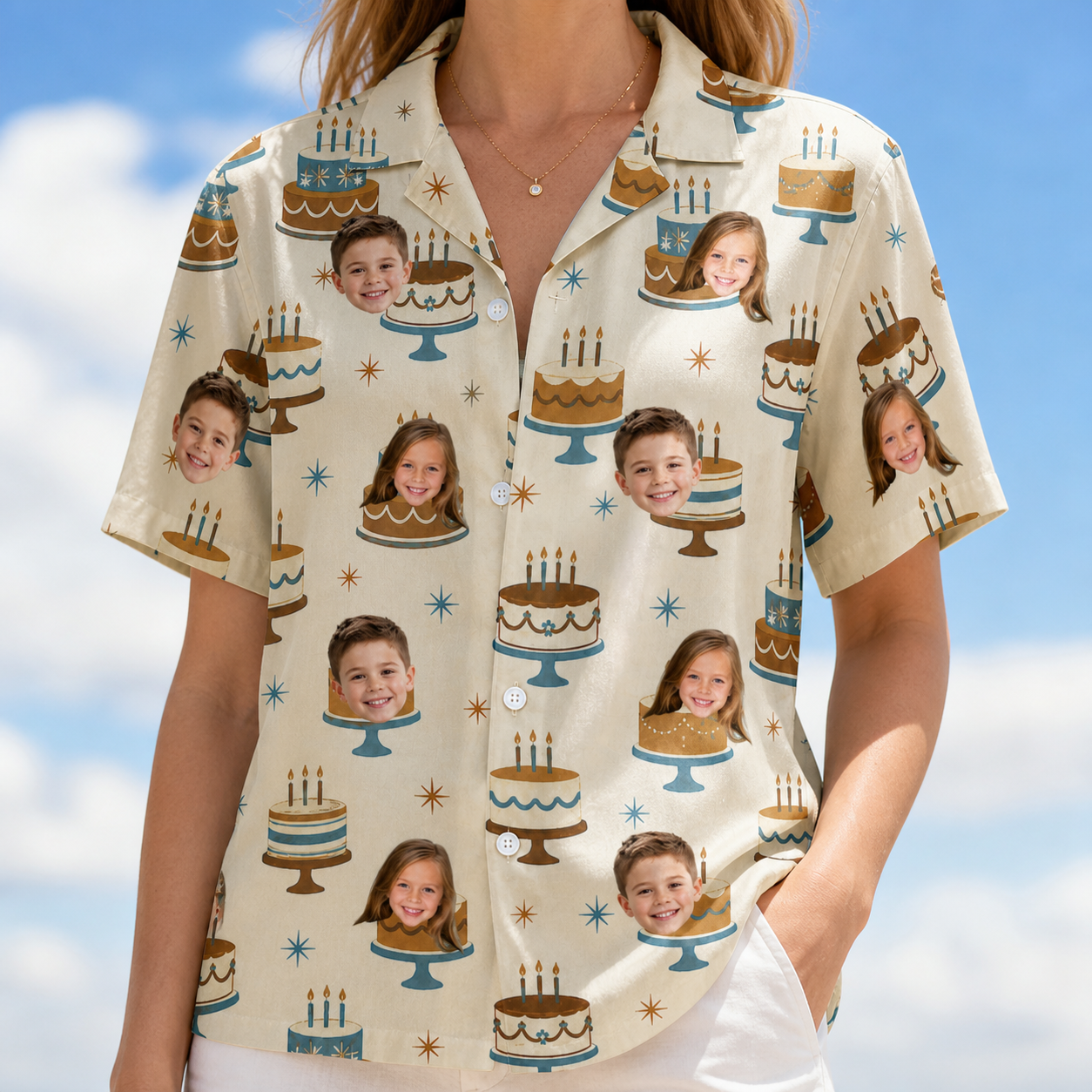 Model wearing Women's Frosting Fanfare Custom Face Hawaiian Shirt printed with kids' faces