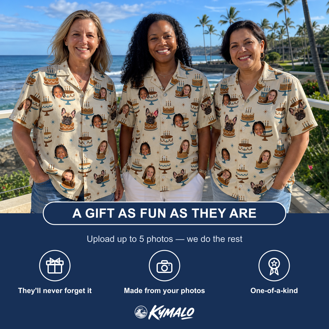 Friends in matching Women's Frosting Fanfare Custom Face Hawaiian Shirt — a group gift photo