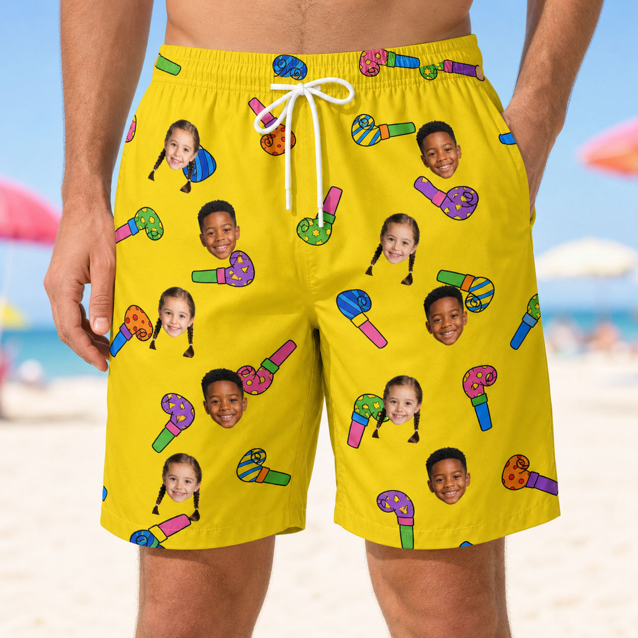 Model wearing Men's Blowout Bonanza Custom Face Beach Shorts printed with kids' faces