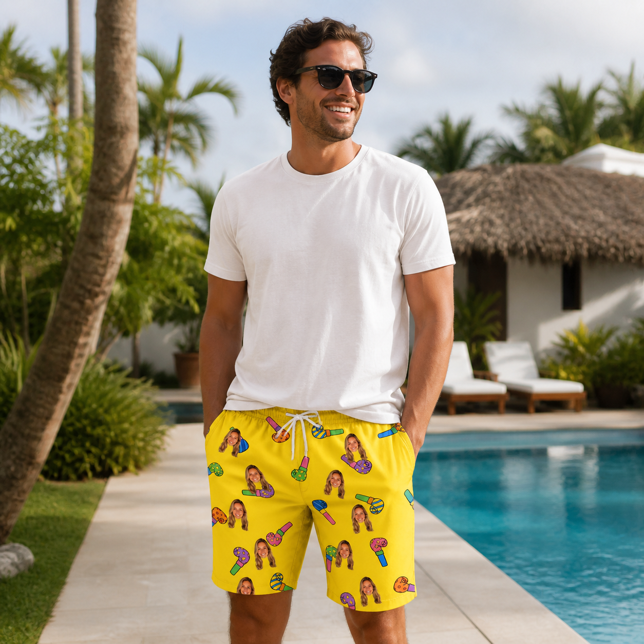 Real-life photo of someone wearing Men's Blowout Bonanza Custom Face Beach Shorts — custom faces printed all-over