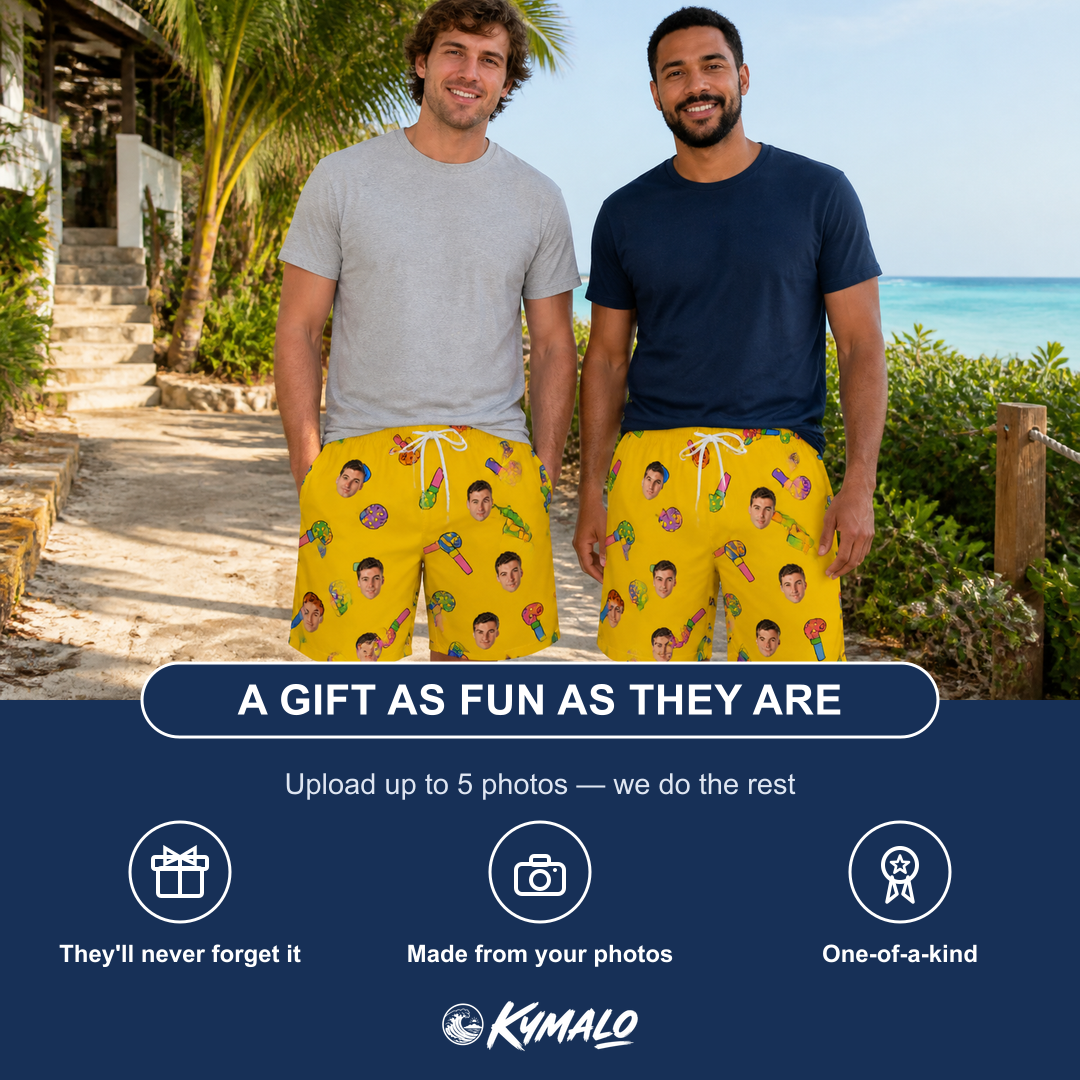 Friends in matching Men's Blowout Bonanza Custom Face Beach Shorts — a group gift photo
