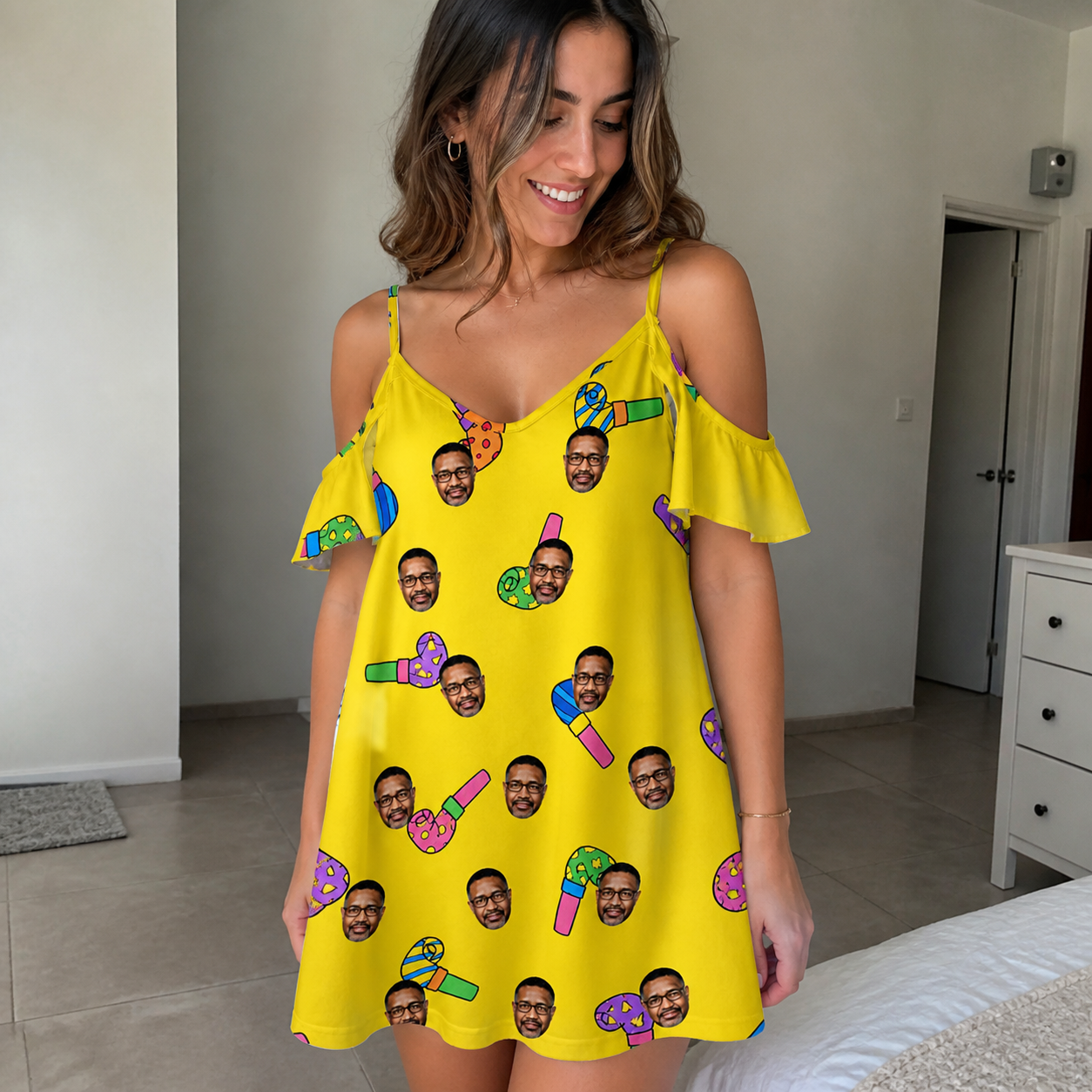 Real-life photo of someone wearing Women's Blowout Bonanza Custom Face Off-Shoulder Dress — custom faces printed all-over