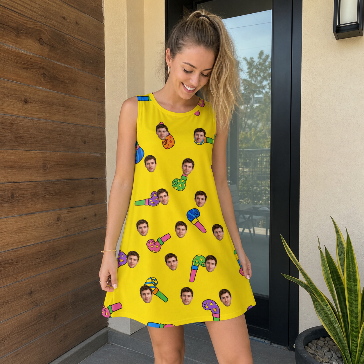 Real-life photo of someone wearing Women's Blowout Bonanza Custom Face Tank Dress — custom faces printed all-over