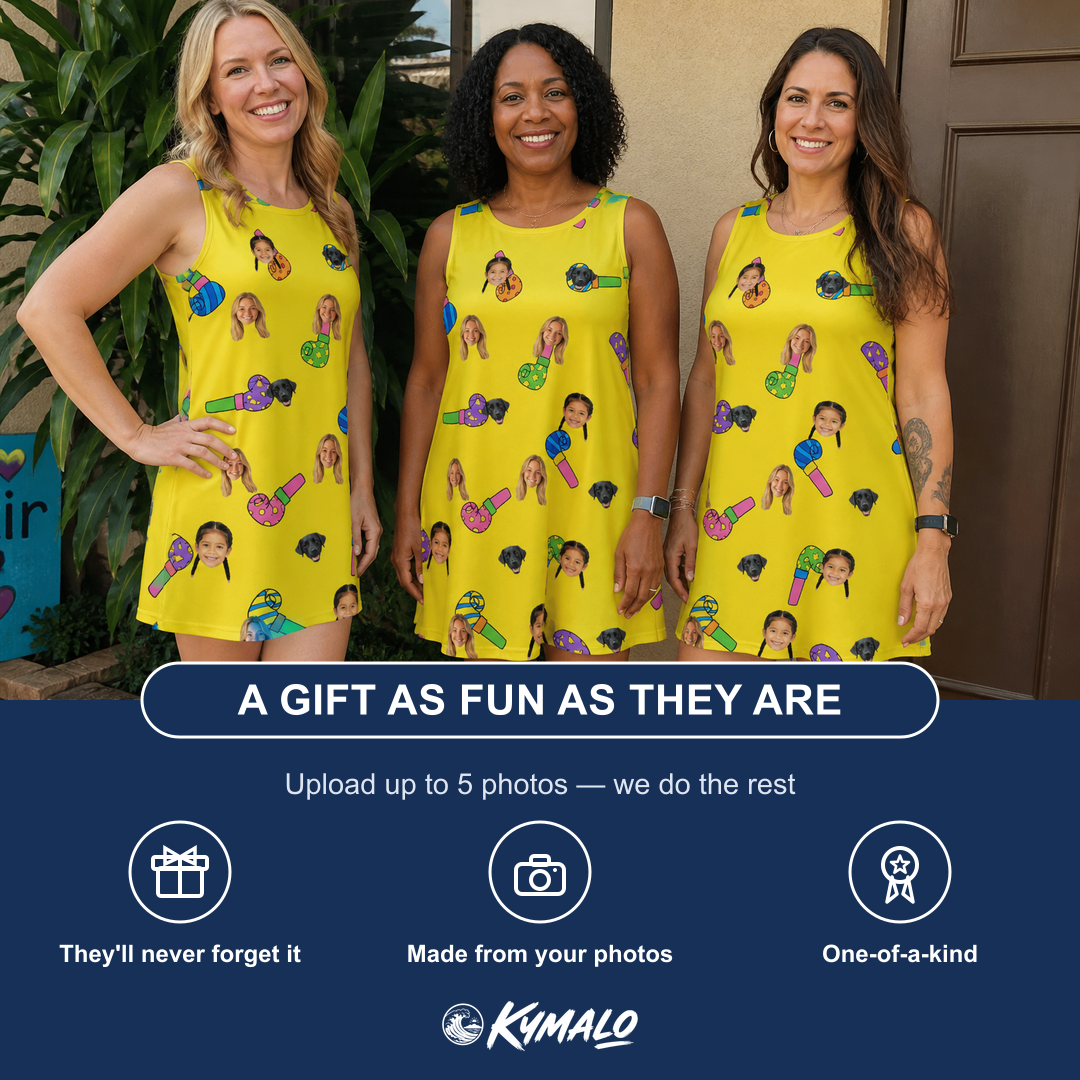 Friends in matching Women's Blowout Bonanza Custom Face Tank Dress — a group gift photo