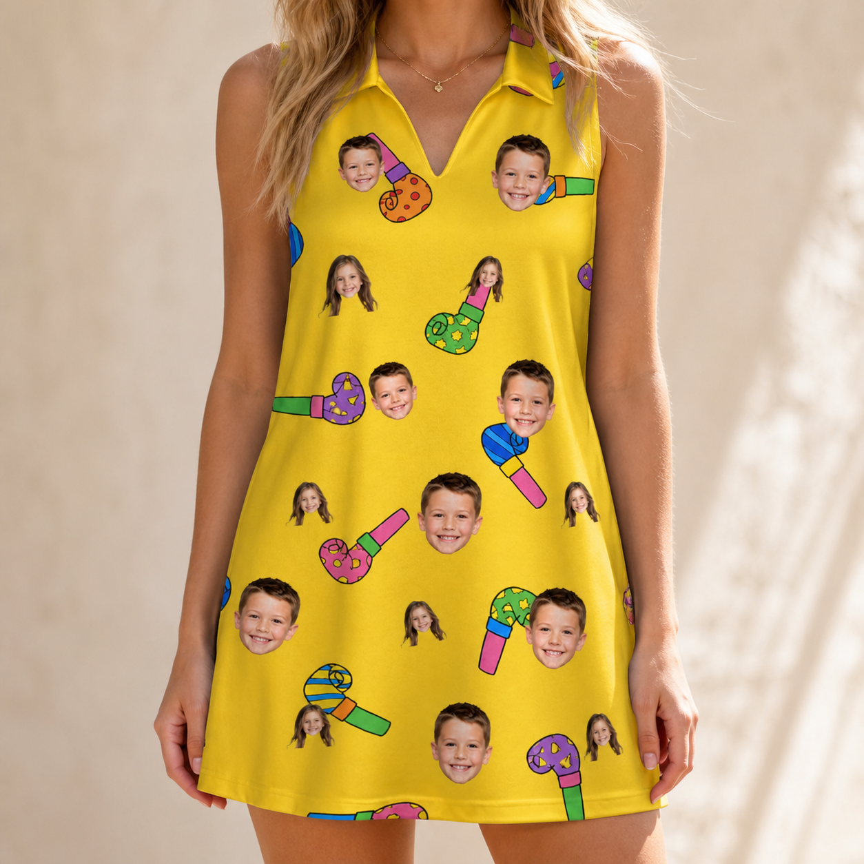 Model wearing Women's Blowout Bonanza Custom Face V-Neck Dress printed with kids' faces