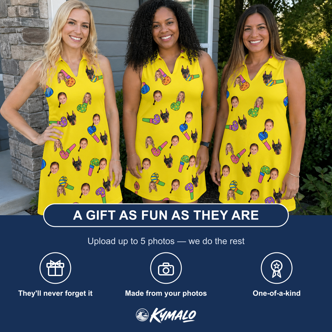 Friends in matching Women's Blowout Bonanza Custom Face V-Neck Dress — a group gift photo