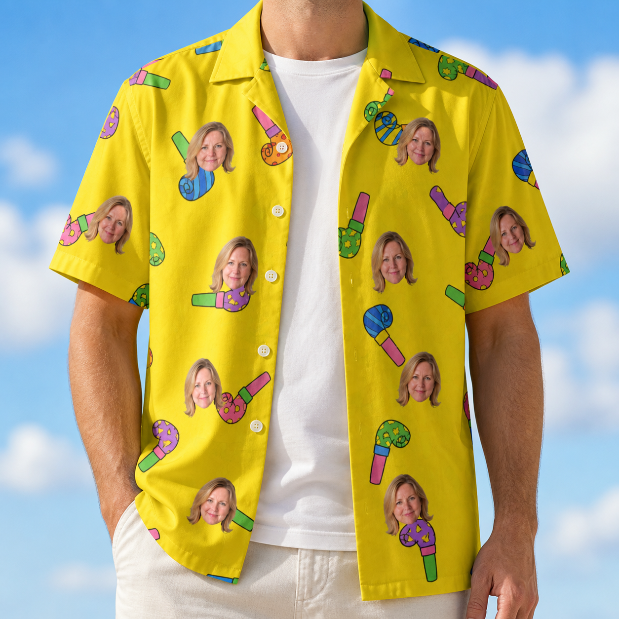Man wearing Men's Blowout Bonanza Custom Face Hawaiian Shirt open over a white tee