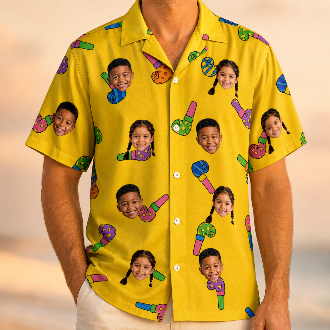 Model wearing Men's Blowout Bonanza Custom Face Hawaiian Shirt printed with kids' faces