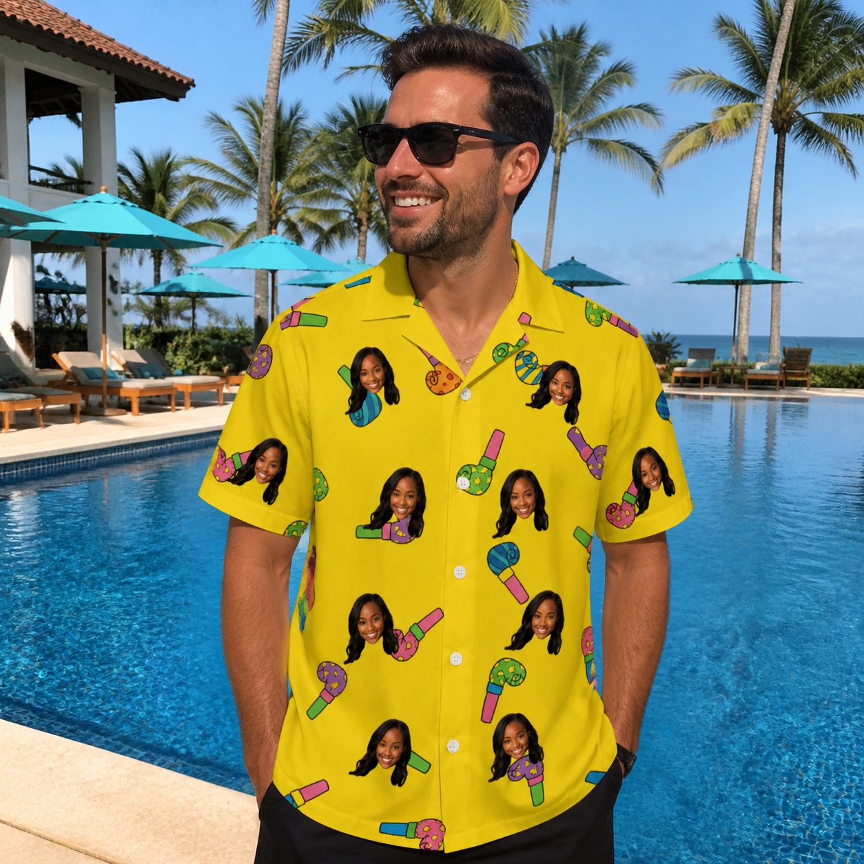 Real-life photo of someone wearing Men's Blowout Bonanza Custom Face Hawaiian Shirt — custom faces printed all-over